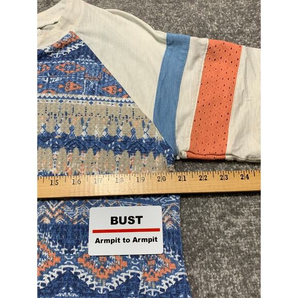 Cato Shirt Top Women Size L Blue Printed Stretch Popover Short Sleeve STAINS - Picture 13 of 14